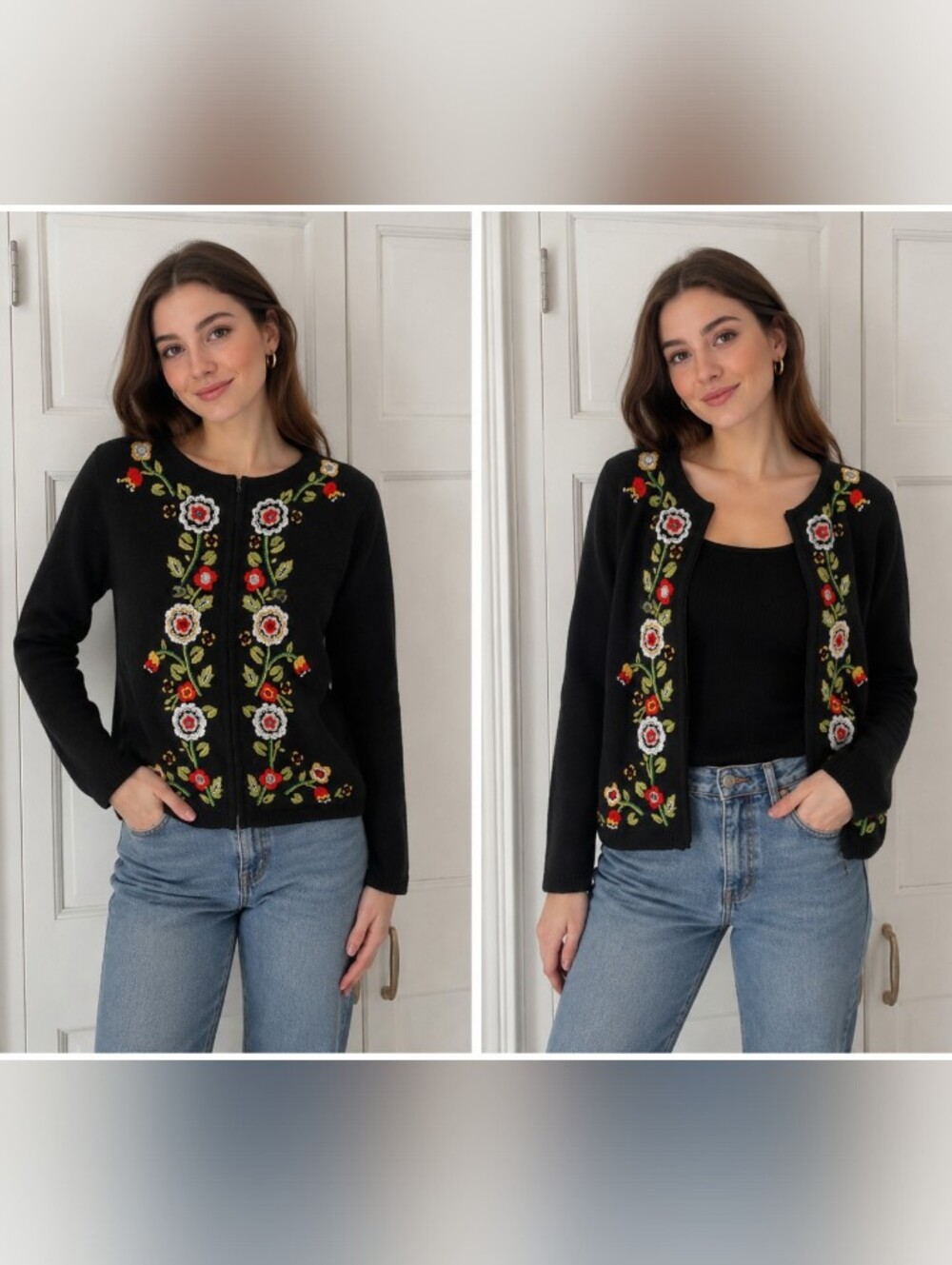 New Condition Susan Bristol Vintage Black Floral Embroidered Cardigan Full Zip.